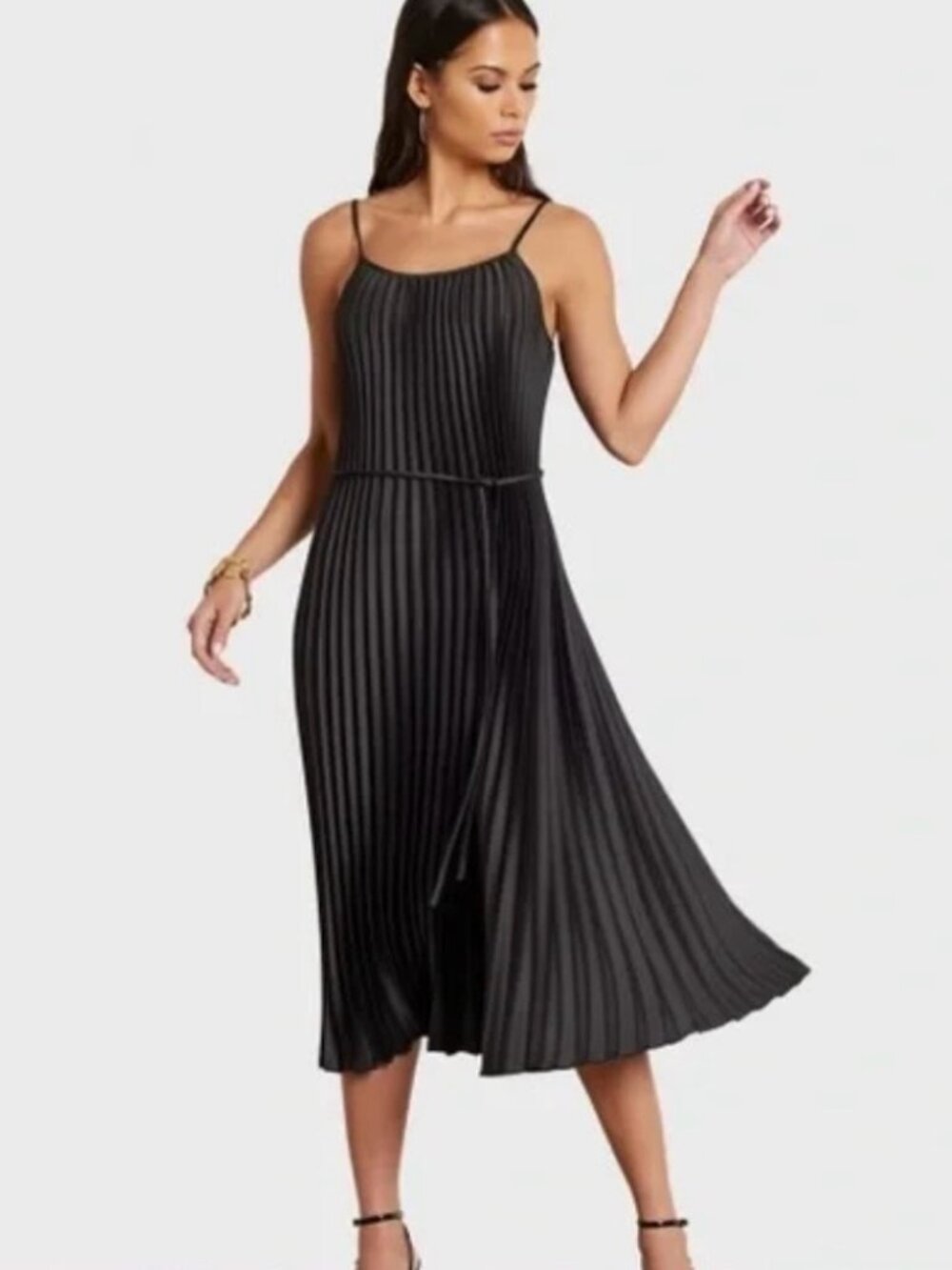 Sam Edelman Black Accordian Pleated Plisse Satin Sleeveless A Line Midi Dress S - Picture 2 of 13